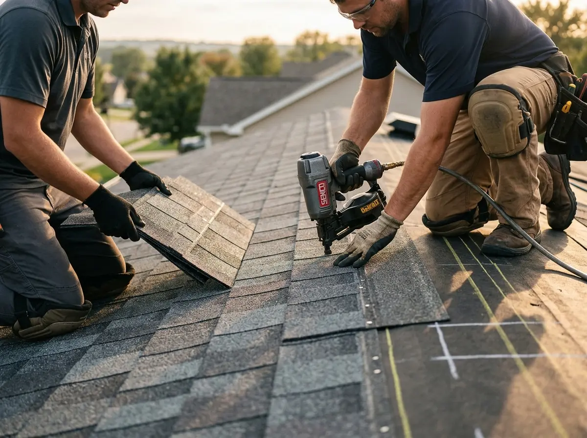 Professional roofer working on a residential roof in Gun Barrel City